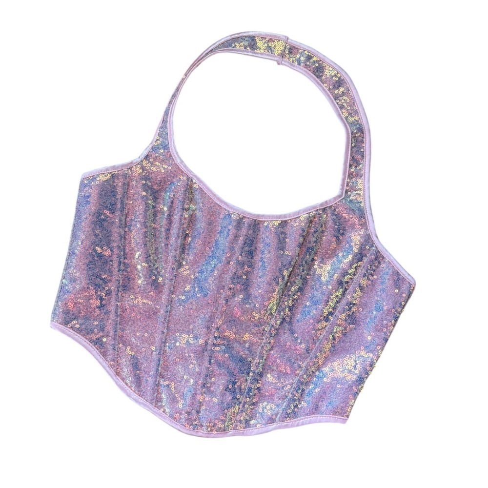 Iridescent Pink & Multicolor Sequin Halter Corset Top with lace up back
